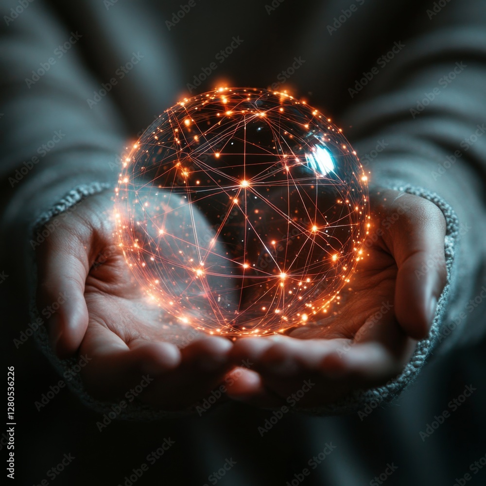 Poster hands gently cradle a glowing orb filled with shimmering connections and light. a symbolic represent