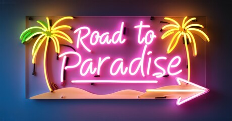 Neon road to paradise sign with neon palm trees and a beach arrow, creating a vibrant, colorful atmosphere that symbolizes relaxation, tropical vibes, and an escape to paradise