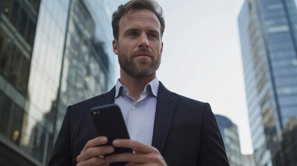 Fototapeta premium professional man in suit stands outdoors, holding smartphone, surrounded by modern skyscrapers. He appears focused and engaged, reflecting busy urban lifestyle