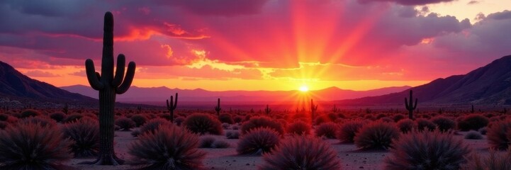 Tucson sunset, vibrant hues paint the desert sky, sun, warm, dust