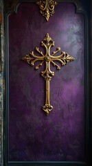 Golden Cross on Purple Wall With Ornate Details in a Historic Church Interior