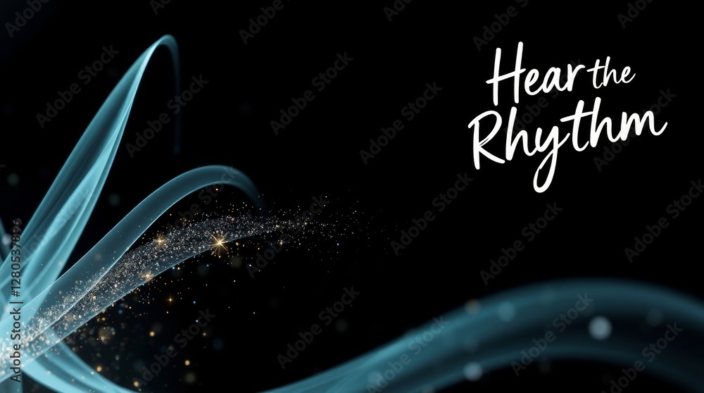 Poster abstract flowing waves with sparkling stars on black background