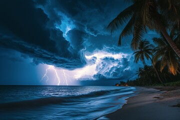Dark Storm Clouds Loom Over Tropical Beach With Lightning Striking Near the Shoreline