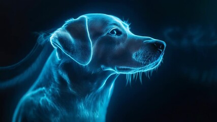 Glowing blue neon dog portrait in darkness. Mystical digital Labrador profile view. Artistic pet animation concept. Modern technological animal visualization with copy space - Powered by Adobe