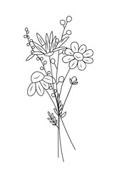 Bouquet with daisy, tiny wild flowers and plants line art vector botanical illustration. Trendy greenery hand drawn black ink sketch. Modern design for logo, tattoo, wall art, branding and packaging.