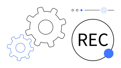 Two interlocking gears alongside a recording button. Ideal for technology, automation, workflow, machinery, engineering, productivity, and process management. Line metaphor