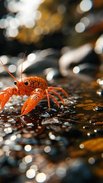 Colorful crawfish exploring a rocky stream under natural sunlight in a serene environment