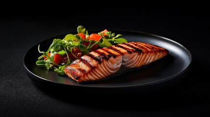 Beautifully arranged plate of perfectly grilled salmon