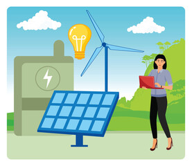 Renewable Energy Scene with Solar Panel and Wind Turbine in Nature.