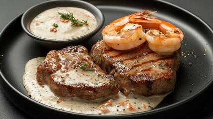 Deep fried steak and shrimp in a creamy sauce