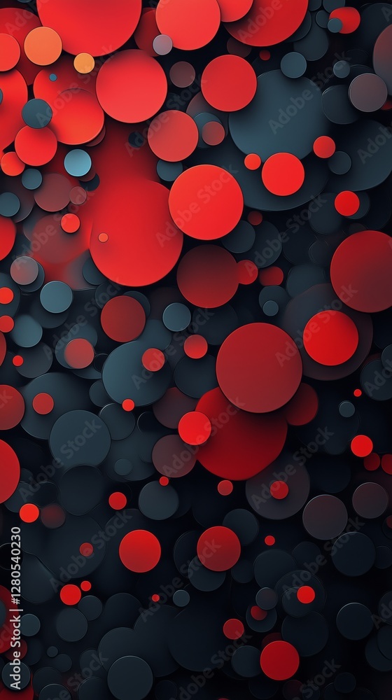 Poster colorful red and pink circles create an abstract pattern on a dark background
