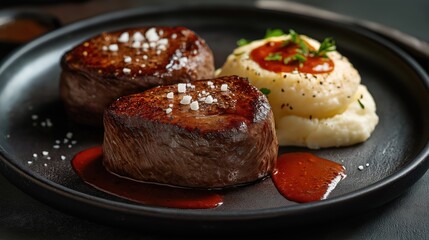Deep fried Filet mignons, closeup, in a black plate 