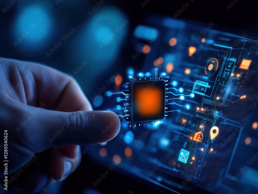 Poster a hand holds a microchip, surrounded by digital circuitry and glowing icons, symbolizing advanced te