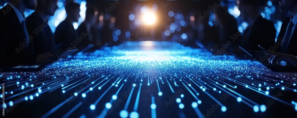 Poster a futuristic conference scene with digital data streams illuminating a table, surrounded by silhouet