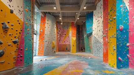 Enthusiastic climbers tackle colorful indoor climbing walls, each uniquely designed with various routes. The facility buzzes with energy on a sunny weekend afternoon, encouraging fitness and fun.