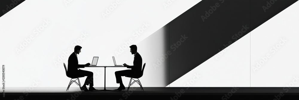 Aufkleber two silhouetted figures engaged in negotiation at a minimalist table with laptops in a modern office