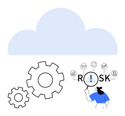 Gears beside cloud symbolize process optimization. Magnifying glass on RISK highlights analysis. Ideal for technology, cloud security, risk management, optimization, IT innovation, data analytics