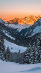 Fototapeta premium Majestic Snow-Capped Mountain Range Bathed in Golden Sunrise Light During Winter Season