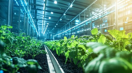 Modern Indoor Farming Technology Greenhouses, Plants growing with technological light solutions