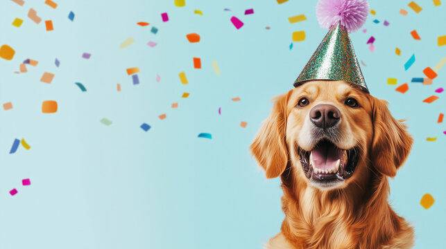 Happy golden retriever dog wearing a party hat celebrating at a birthday party with falling confetti on sky blue background.