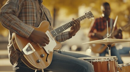 Naklejka premium Hands playing rock guitar, closeup