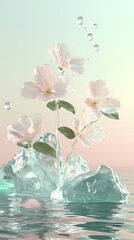 Digital technology pink green three-dimensional glass flowers iceberg landscape poster background

