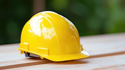 Yellow hard hat on wooden planks. Outdoors. Safety equipment