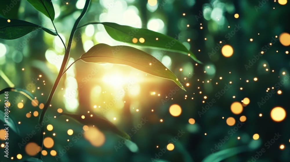 Aufkleber glowing leaves with bokeh effect in forest setting at sunrise