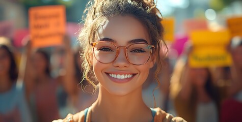  Woman Leading Vibrant Protest with Colorful Advocacy Signs