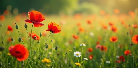 Obraz premium A profusion of wildflowers, including bright red poppies, carpet a summer meadow , texture, poppies
