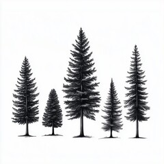 Obraz premium Minimalist vector illustration of five palm trees, each with its own distinct silhouette, arranged in an orderly fashion on the left side against a white background.
