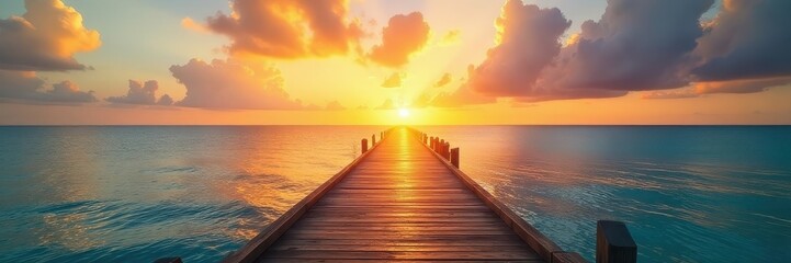 Obraz premium Golden sunset paints sky, long wooden walkway extends over calm ocean , orange, vibrant, walkway