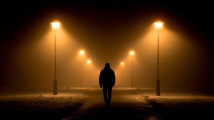 A solitary figure makes his way along a deserted street blanketed in fog, as golden lamplights cast an ethereal glow, creating a serene yet mysterious atmosphere