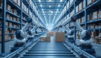 Fototapeta premium Automated robotics operations modern warehouse industrial technology inside high-tech environment