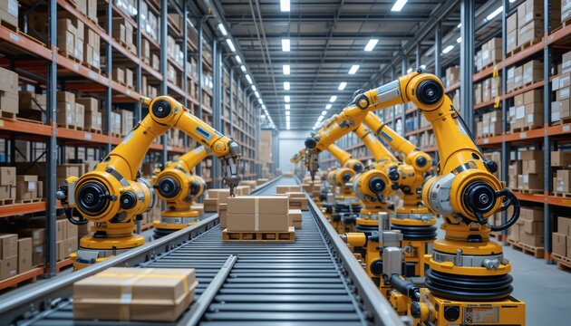 Automated robotics sorting packages warehouse industrial process high-tech environment close-up view