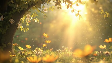 sun shining through the forest full of sunflowers
