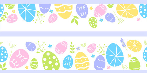 Easter eggs composition hand drawn black on white background. Decorative horizontal stripe from eggs with doodle leaves.