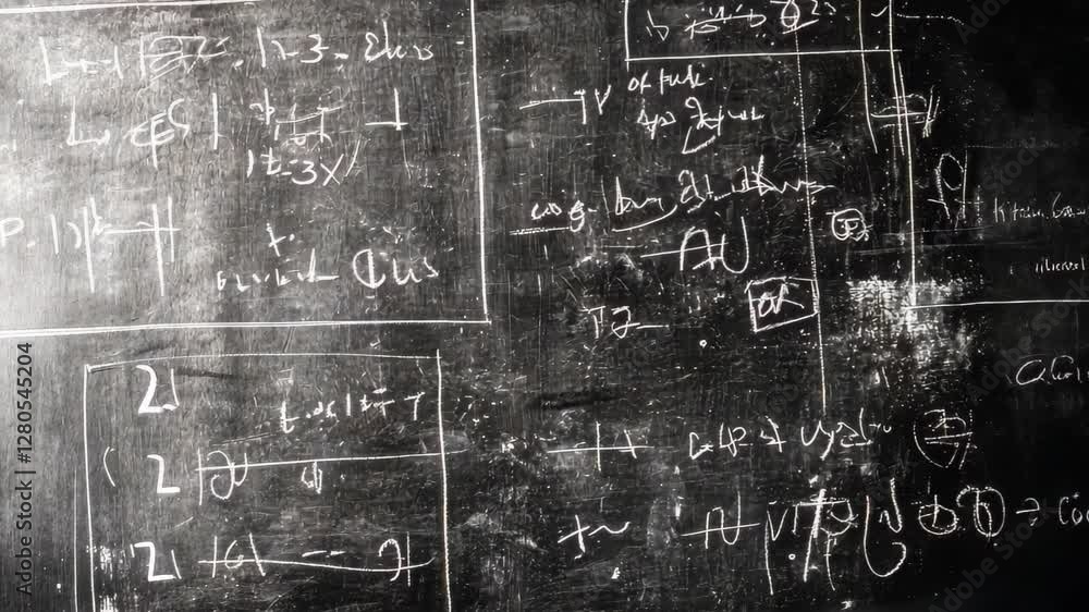 Poster blackboard filled with complex mathematical formulas and calculations in a classroom setting, blackb