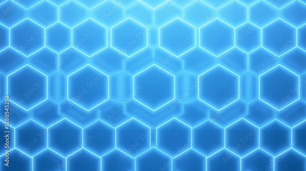 Poster abstract technology pattern featuring bright neon blue hexagons in a seamless grid formation, with l