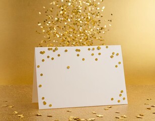 Festive blank card surrounded by golden confetti on a shimmering gold background.