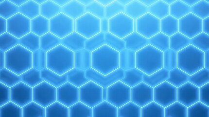 Abstract technology pattern featuring bright neon blue hexagons in a seamless grid formation, with luminous glowing outlines creating a mesmerizing depth effect against a dark blue backdrop