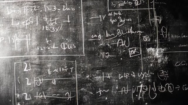 Blackboard filled with complex mathematical formulas and calculations in a classroom setting, Blackboard of mathematical formulas