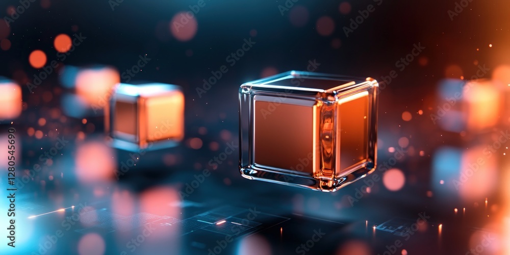 Poster Glowing Cubes in Abstract Digital Background with Bright Bokeh Effects