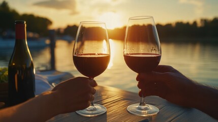 Alcohol consumption at a lakeside café with wine and sunset. Featuring serenity and connection