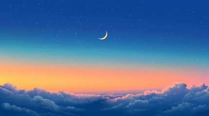 Ramadan islamic night or sunset with eastern moon, Hilal and Eid clear sky at night with some clouds
