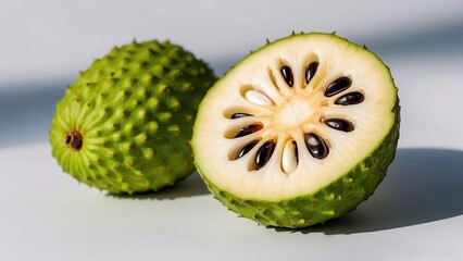 Soursop Fruit Whole and Halved, Showing Seeds and Texture