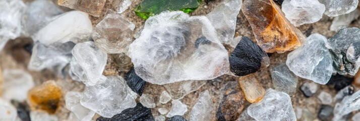 Close-up view of colorful sea glass pieces and pebbles on the beach sand