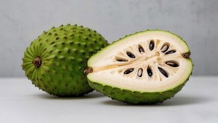 Soursop Fruit, Whole and Halved, on a White Background