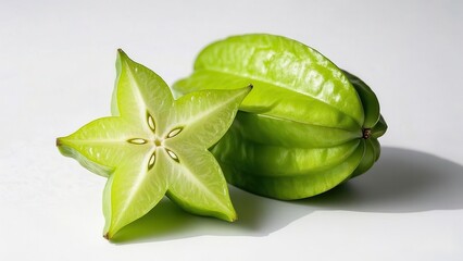Fototapeta premium Fresh Star Fruit, Carambola, Averrhoa carambola, Whole and Sliced, Close-up Studio Shot