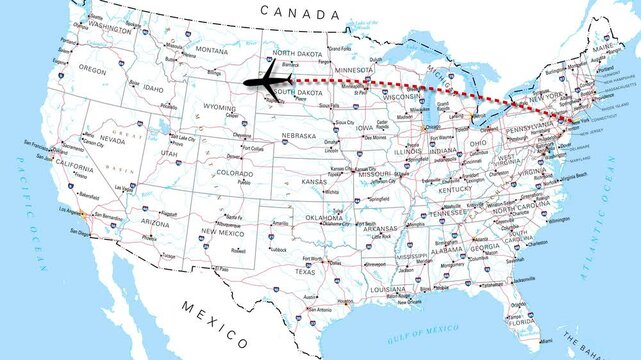 Airplane flying over United States map from New York to San Francisco